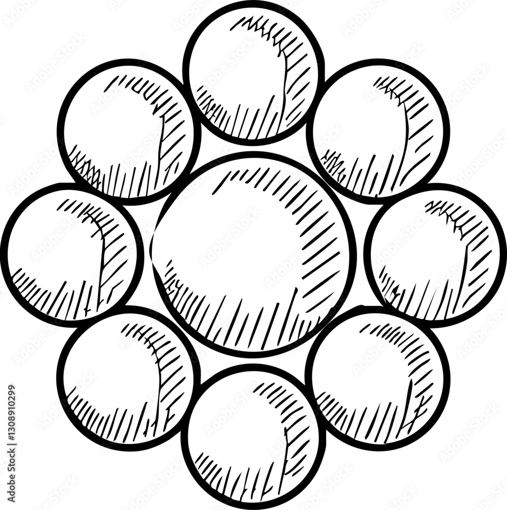 Poster a simple, hand-drawn illustration featuring a central larger circle surrounded by smaller circles, c