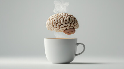 Creative concept of brain floating above steaming cup, symbolizing ideas and inspiration