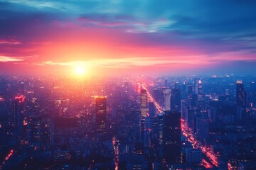 Fototapeta premium Vibrant sunset over a bustling city skyline showcasing vivid colors and lights in the evening sky