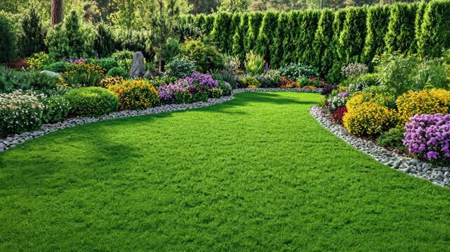 Vibrant garden showcasing lush green grass and colorful flower beds in a serene outdoor setting