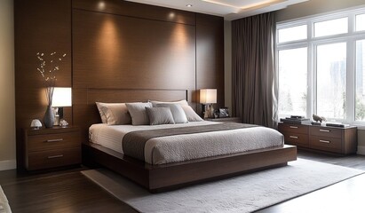 Modern bedroom with wood accents, king-size bed, and large window.