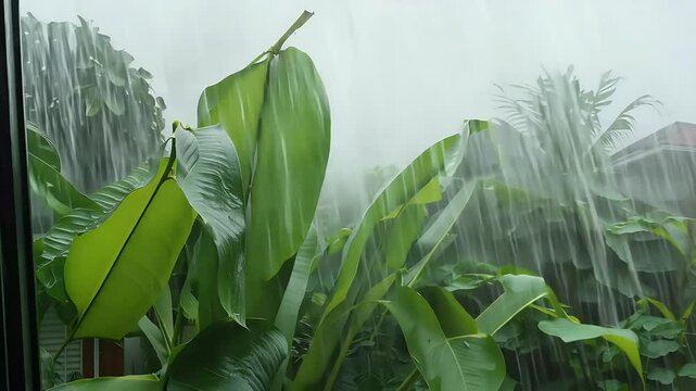 Raindrops falling swaying banana leaves tropical storm viewed rain streaked glass window creating moody atmospheric scene