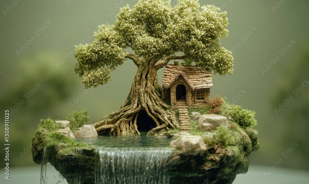 Poster miniature treehouse on a floating island with waterfall