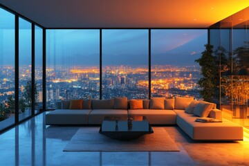 Fototapeta premium Modern living room with panoramic city view at twilight overlooking illuminated skyline