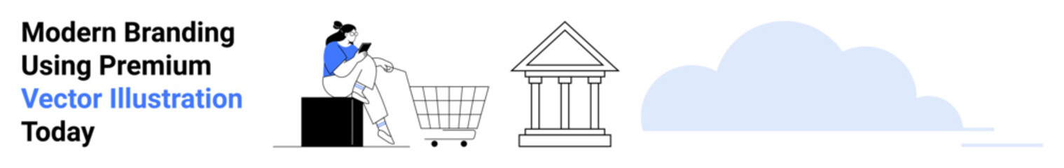 Person browsing items in a shopping cart, a bank building icon symbolizing security, and cloud connectivity. Ideal for e-commerce, fintech, security, online services, digital payments, marketing
