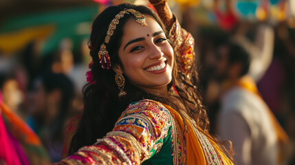 Fototapeta premium Smiling woman in traditional attire dancing at a colorful, music-filled Sangeet