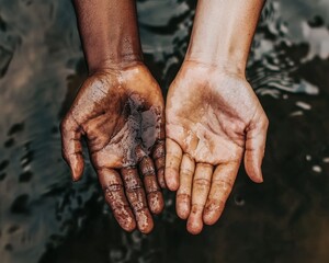 Fototapeta premium Hands of different skin tones interlocked, representing global harmony and peace