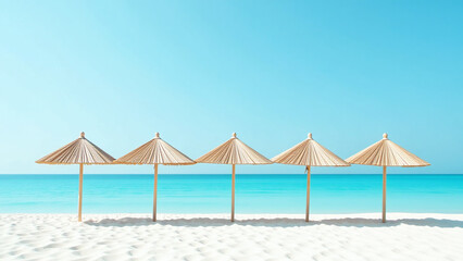 straw tipped beach umbrellas blue waters white background back regularly