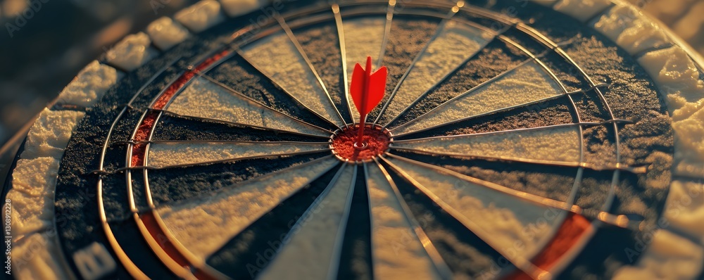 Poster a dartboard with a red dart in its bullseye center