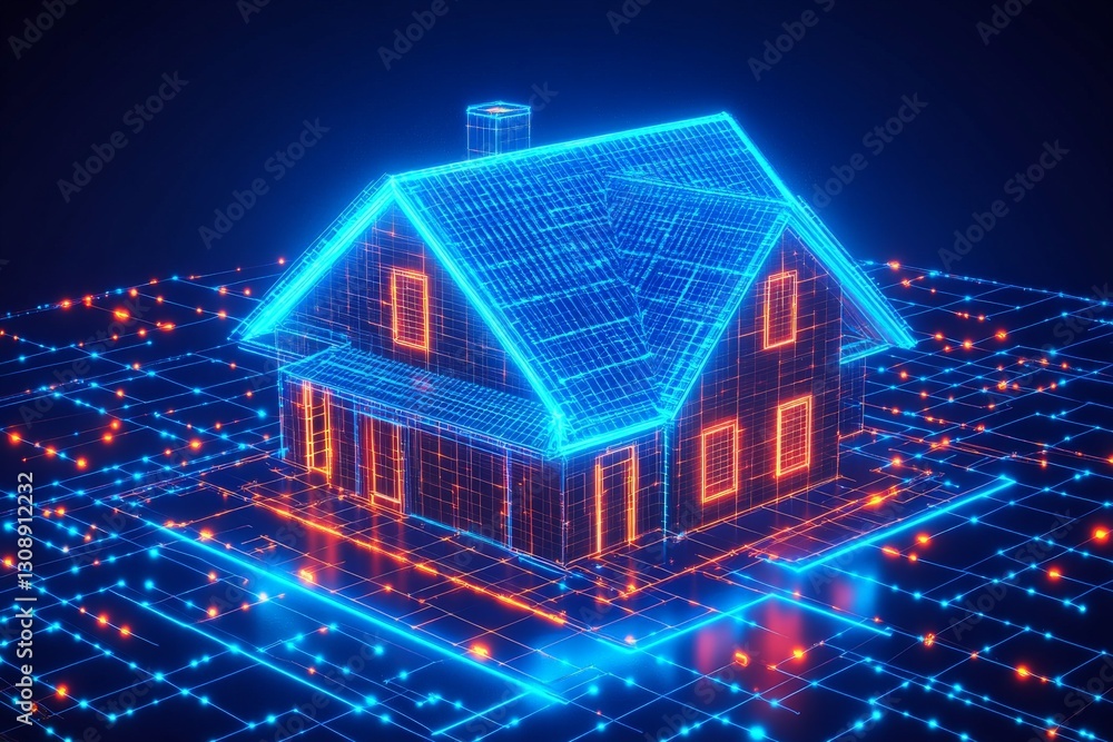 Aufkleber Digital design of a futuristic house created with glowing blue and orange lines on a grid background