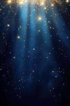 Blue Starry Night Sky Background with Golden Glitter and Copy Space