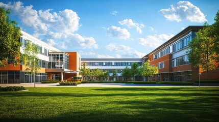 Obraz premium An exterior view of a public school building yard. College or university architecture, an outdoor view of a campus, high school construction, college or university landscape design.