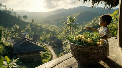 Young Boy with Basket of Harvested Crops Overlooking Lush Green Valley