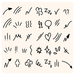 Vector set of hand-drawn cute cartoony expression sign doodle line stroke.