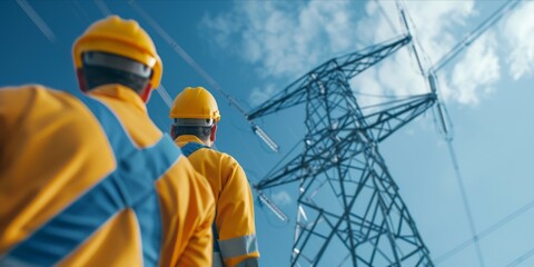 Engineers Inspecting Transmission Towers for Power Grid Maintenance.