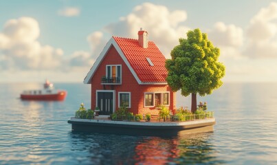 Red house on water platform, boat passing, sunny sky