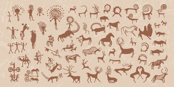 Vector illustration of ancient rock carvings in Kazakhstan. A large collection of petroglyphs from Central Asia. Primitive silhouettes of people and animals, hunting scenes and everyday life