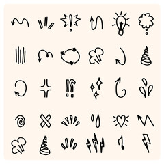 Hand drawn simple doodle elements. Vector line sketch of speech bubbles, underline, emphasis, arrow, highlight, glitter elements.