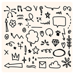 Doodle set cartoon hand drawn expression doodle image, curve direction arrow, emoticon effect design element