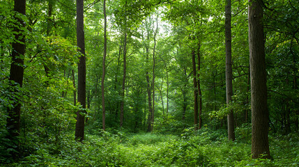 Dense Green Forest Interior With Sunlight Streaming Through Leaves and Tree Trunks