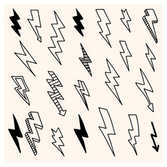 Hand drawn lightning and thunder bolts. Vector collection of drawn lightning illustrations