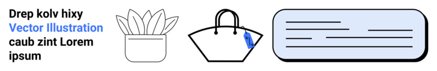 Potted plant with leaves, a stylish handbag featuring a blue decoration, and a text box for placeholder content. Ideal for shopping, fashion, decor, branding, marketing, design flat landing page