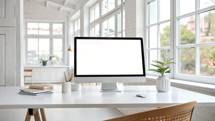 Fototapeta premium Bright home office with blank computer screen on white desk