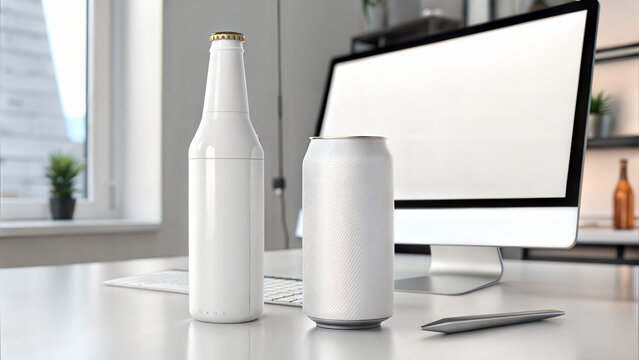Blank white bottle and can on office desk with computer in background