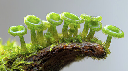 Fototapeta premium Delicate green mushrooms growing on mossy wood, showcasing nature beauty and intricate details