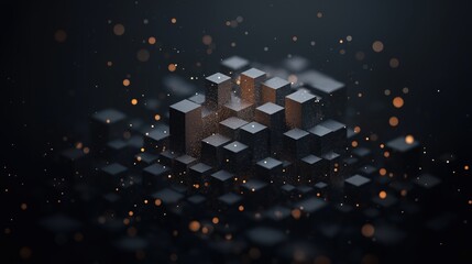 A black and white image of a cityscape with a lot of black cubes