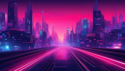 Obraz premium Cyberpunk cityscape gradient. Tokyo lights inspired: indigo to hot pink. Futuristic, neon city vibe. Dynamic, electric background.