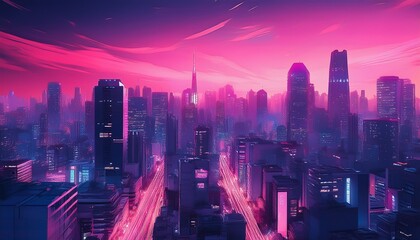 Fototapeta premium Cyberpunk cityscape gradient. Tokyo lights inspired: indigo to hot pink. Futuristic, neon city vibe. Dynamic, electric background.