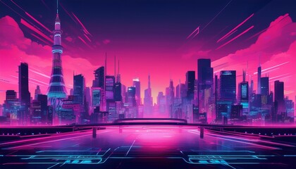 Obraz premium Cyberpunk cityscape gradient. Tokyo lights inspired: indigo to hot pink. Futuristic, neon city vibe. Dynamic, electric background.