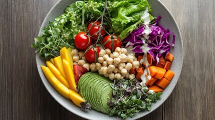 A bowl of mixed vegetables including avocado, tomatoes, and lettuce