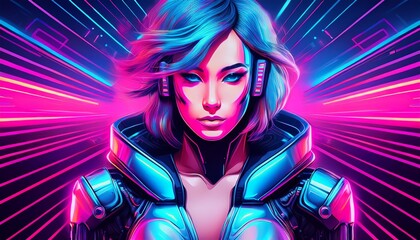 Cyberpunk character silhouette on electric blue to neon pink gradient. Bold, techy aesthetic.  Futuristic figure, digital style.

