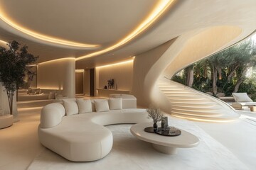 Modern minimalism in an elegant interior with spiral staircase and natural light in a luxurious space