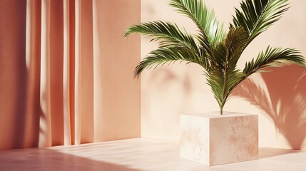 Fototapeta premium Tropical plant in a minimalist setting, showcasing natural light and shadow play on peach-toned walls and textured surfaces. A serene indoor nature scene.