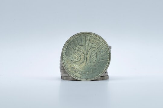 Stack of silver coins with Cyrillic script