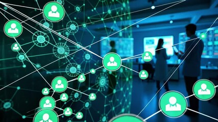 Modern laboratory with scientists discussing data analysis and network connections in the background - Powered by Adobe