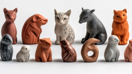  Small clay figurines in various stages of completion. Tiny, unfinished sculptures, including animals and abstract shapes, are displayed on a white background.