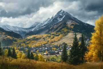 Crested Butte Colorado. Autumn Landscape of Mt. Crested Butte Town with Mountain Peak and Storm Clouds