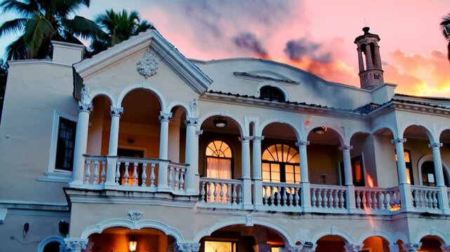 Villa luxueuse en flammes avec supercar rouge au coucher du soleil