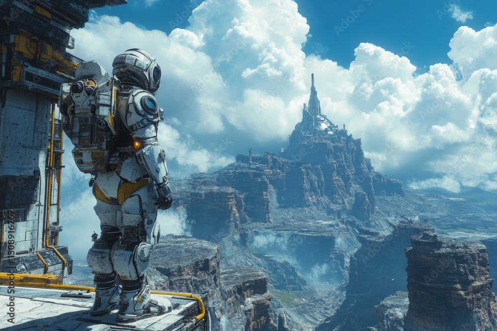 Poster futuristic astronaut surveys a breathtaking alien landscape with cloud formations and distant struct