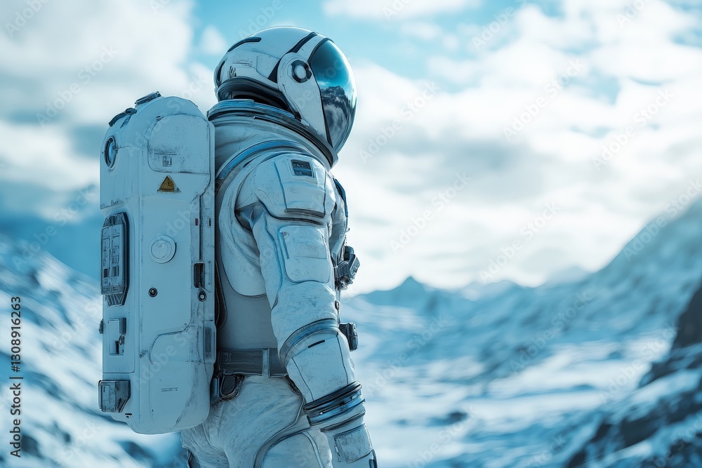 Poster astronaut exploring alien landscape on a distant planet with icy terrain and captivating sky