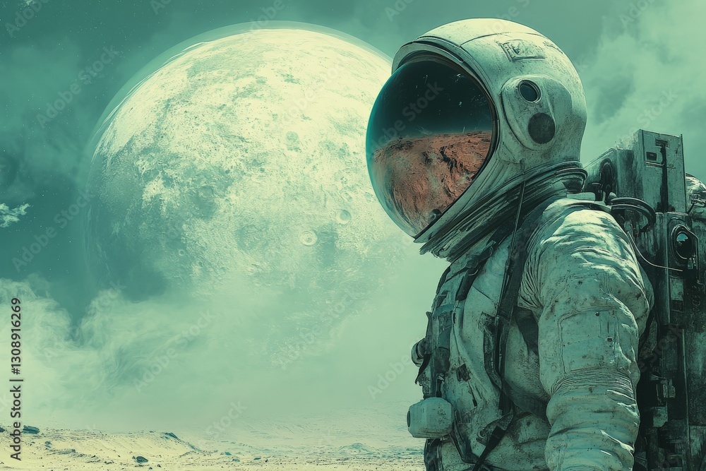 Poster astronaut standing on a surreal alien landscape with a giant moon in the background during an otherw