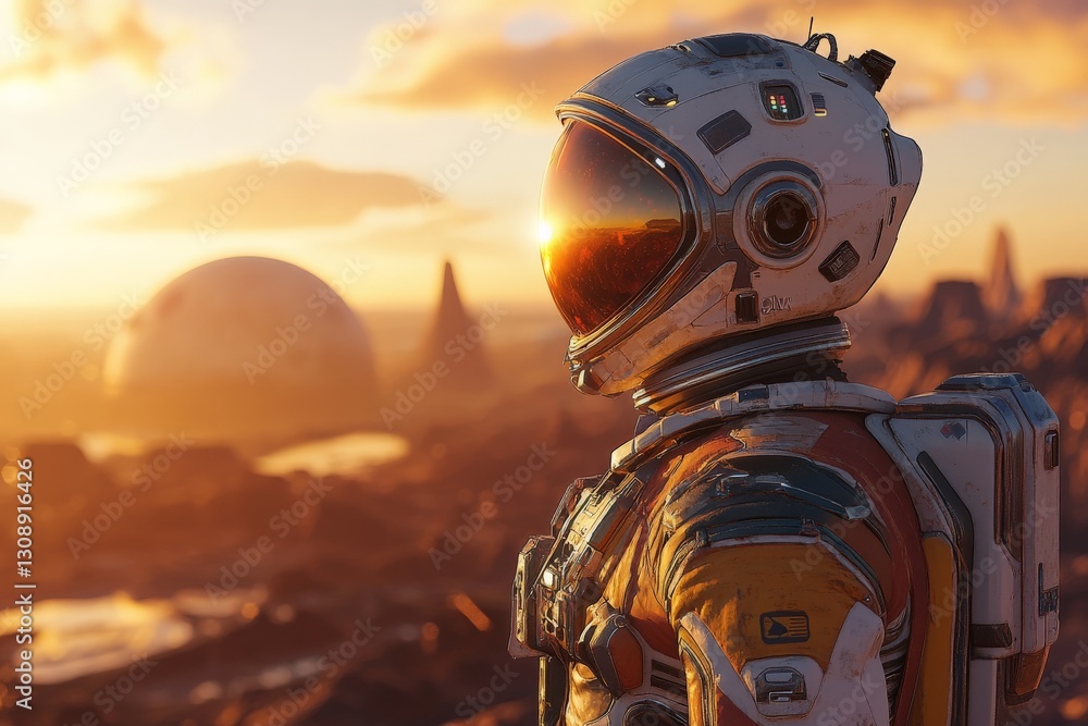 Poster astronaut exploring alien landscape during sunset with distant celestial bodies