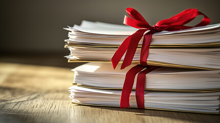 Stacks of Legal Documents Tied with Red Ribbon on a Wooden Table