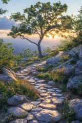 Mountain Stone Path with Sunlit Tree, Inspiring Scenic Exploration