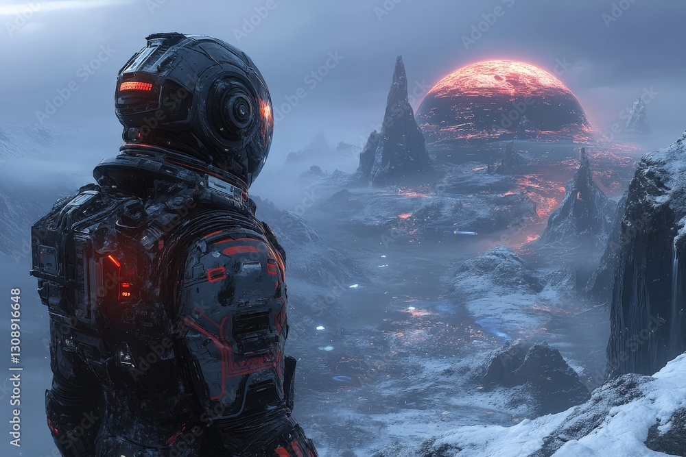Poster Exploring a distant planet with a futuristic astronaut during a twilight landscape