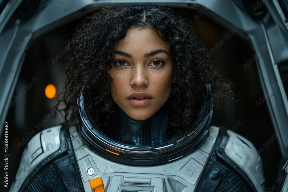 Poster Astronaut preparing for space exploration with a focused expression in a futuristic setting